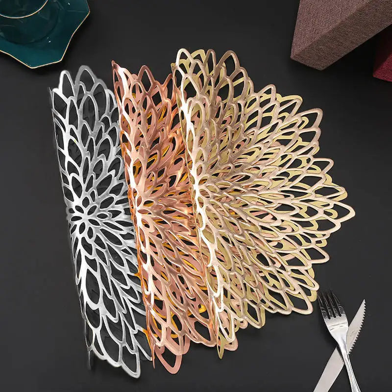 4/6 Pack 38CM/10CM Gold Floral Leaf Hollow Out Placemats Vinyl Kitchen Dinning Table Place Mats Wedding Party Washable Decor Peaceful Pleasures Health and Wellness