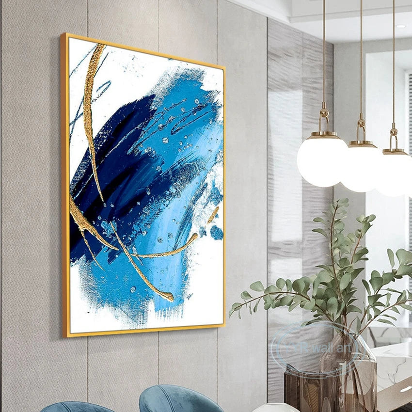 Canvas Wall Art Blue Oil Painting Handmade Gold Leaf Aesthetics Mural Living Room Bedroom Restaurant Porch Luxury Decor Poster Peaceful Pleasures Health and Wellness