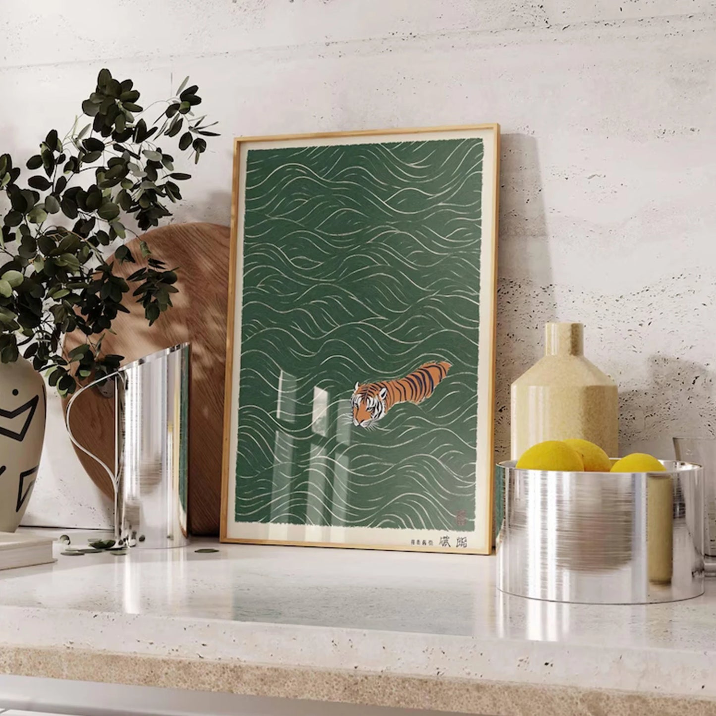 Retro Japanese Tiger Canvas Wall Art | Green Swimming Tiger Print