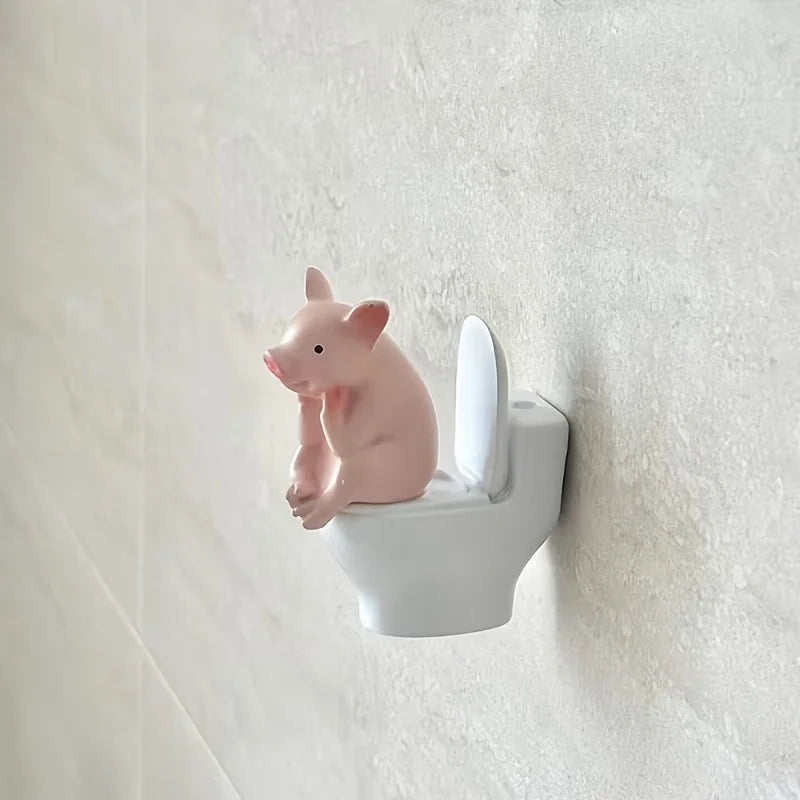 Cute Pig on Toilet Figurine | Whimsical Bathroom Desk Ornament