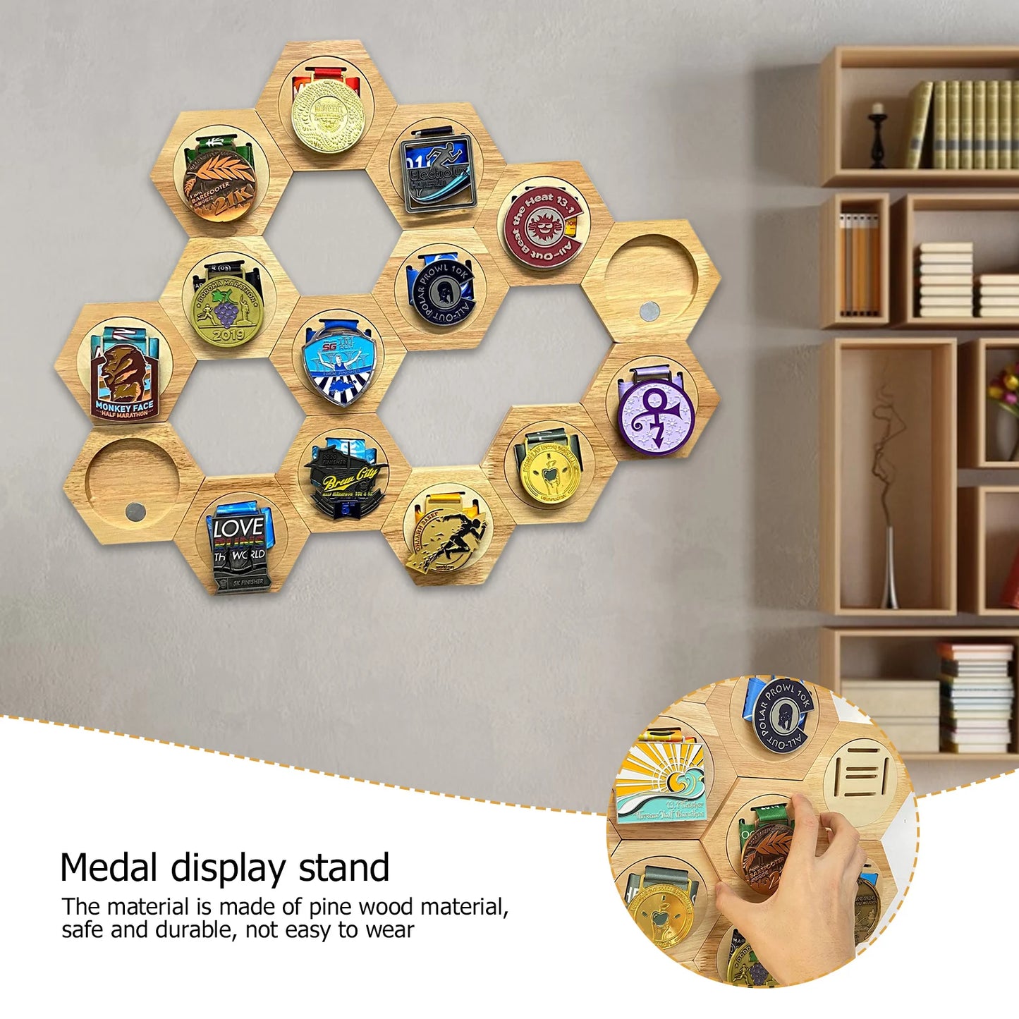 Hexagonal Wooden Medal Display Stand | Honeycomb Wall Rack