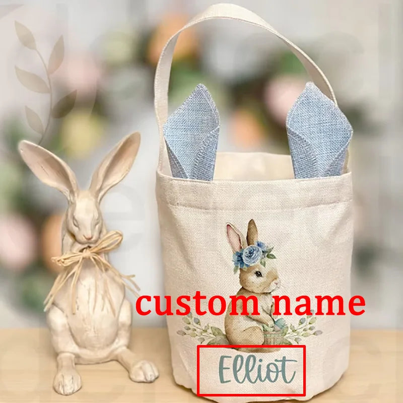 Personalised Easter Egg Hunt Basket | Vintage Bunny Sack Easter Gift Basket Peaceful Pleasures Health and Wellness blue custom name 20x25cm