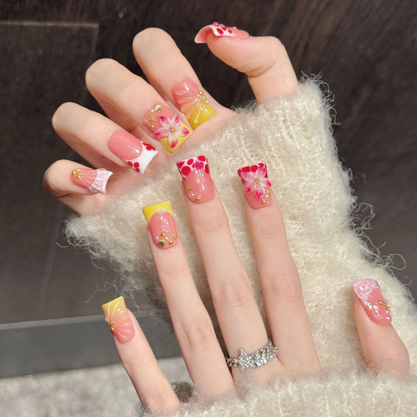 10pcs Handmade Duckbill Press on Nails French Artificial Nails With 3D Flowers Decor Elegant Fake Nails Detachable False Nails Peaceful Pleasures Health and Wellness