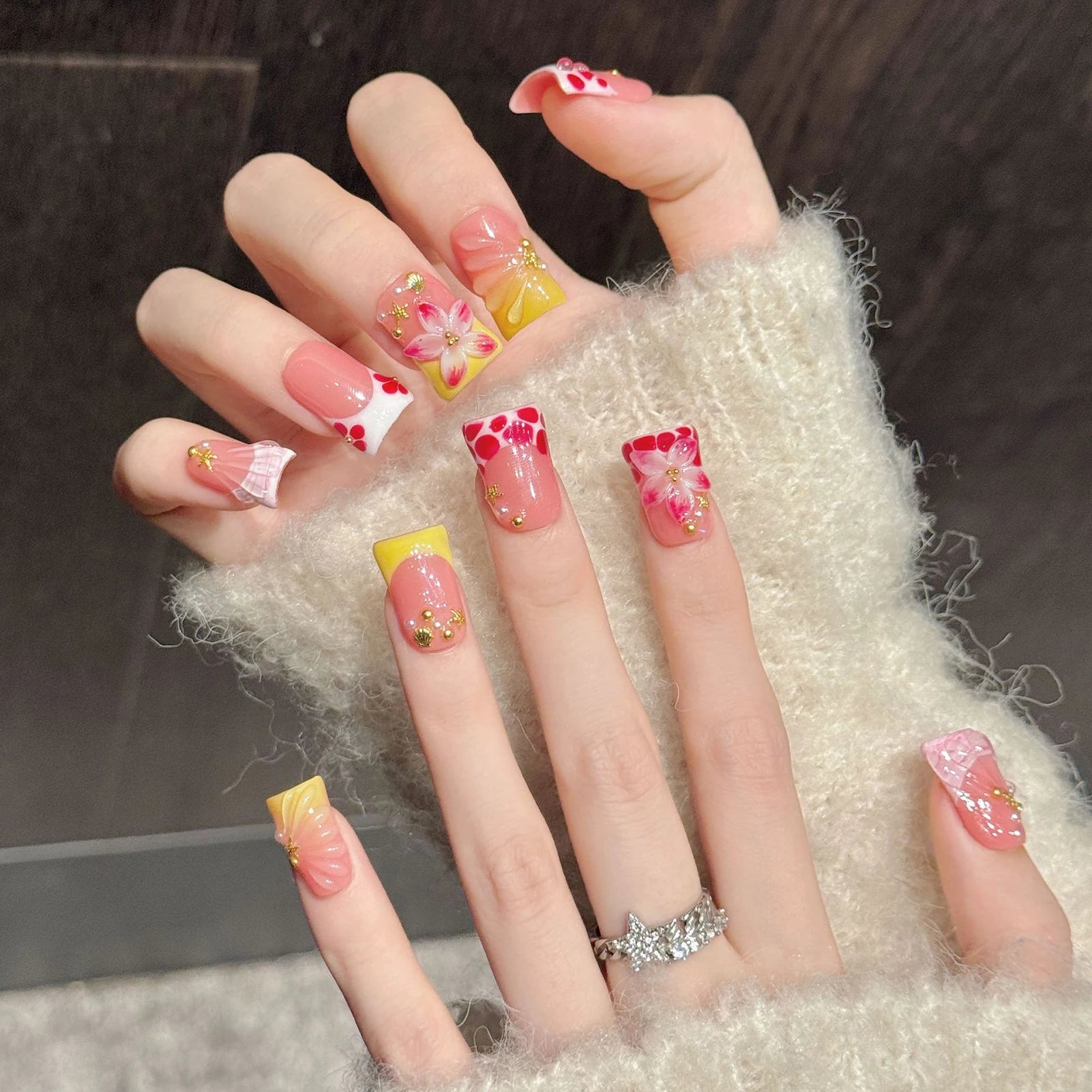 10pcs Handmade Duckbill Press on Nails French Artificial Nails With 3D Flowers Decor Elegant Fake Nails Detachable False Nails Peaceful Pleasures Health and Wellness