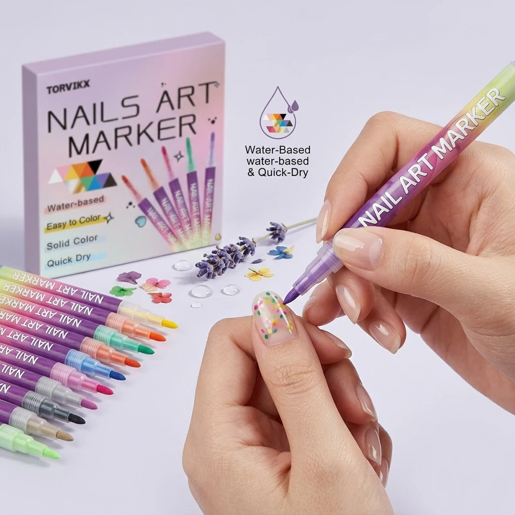 Nail Art Marker Pens Set Nourishing DIY Manicure Long‑lasting Smudge‑proof Quick-Dry 12 Colors Water‑based Nail Graffiti Pens Peaceful Pleasures Health and Wellness