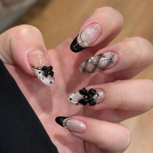 24pc Gothic Press On Nails Black Bow Cat Eye Almond Y2K Press On Nails Peaceful Pleasures Health and Wellness style 1