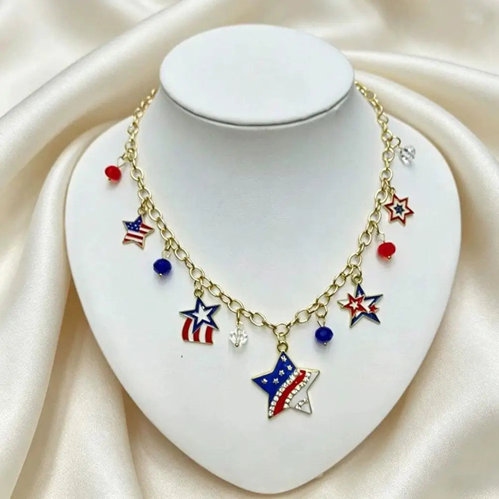Patriotic Beaded US Flag Pendant Necklace | Gold Chain Gift