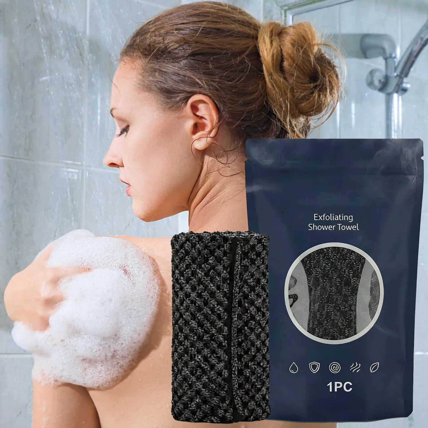 Exfoliating Bath Scrub Towel – Long Handle Back Scrubber