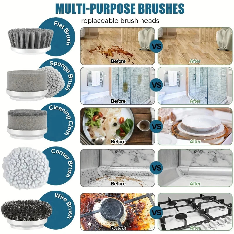 Electric Spin Brush Cleaner Wireless Rechargeable 5 Replaceable Heads Rotating Deep Cleaning Bathroom Kitchen Tiles Peaceful Pleasures Health and Wellness
