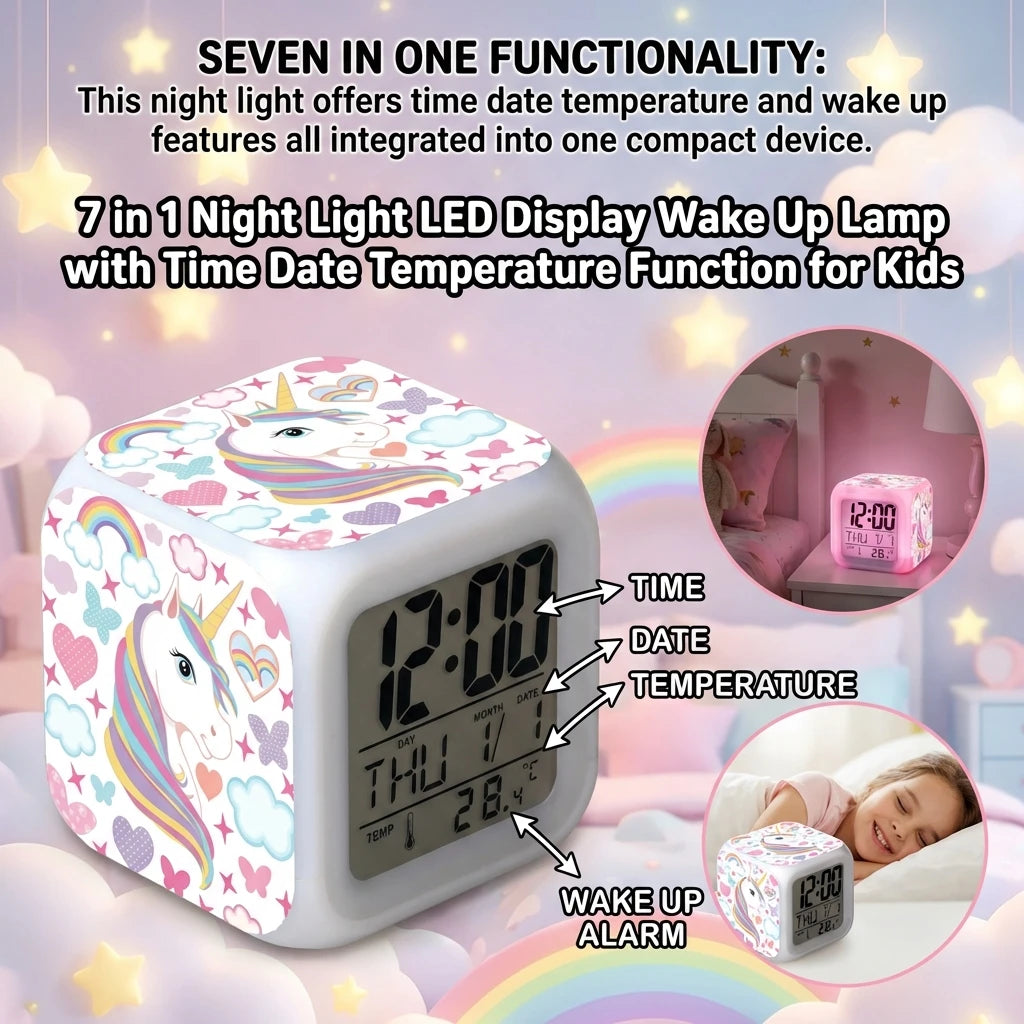 Kids Alarm Clock 7 in 1 LED Night Light with Wake Up Function Display Time Date Temperature USB Powered Color Changing Lamp Peaceful Pleasures Health and Wellness