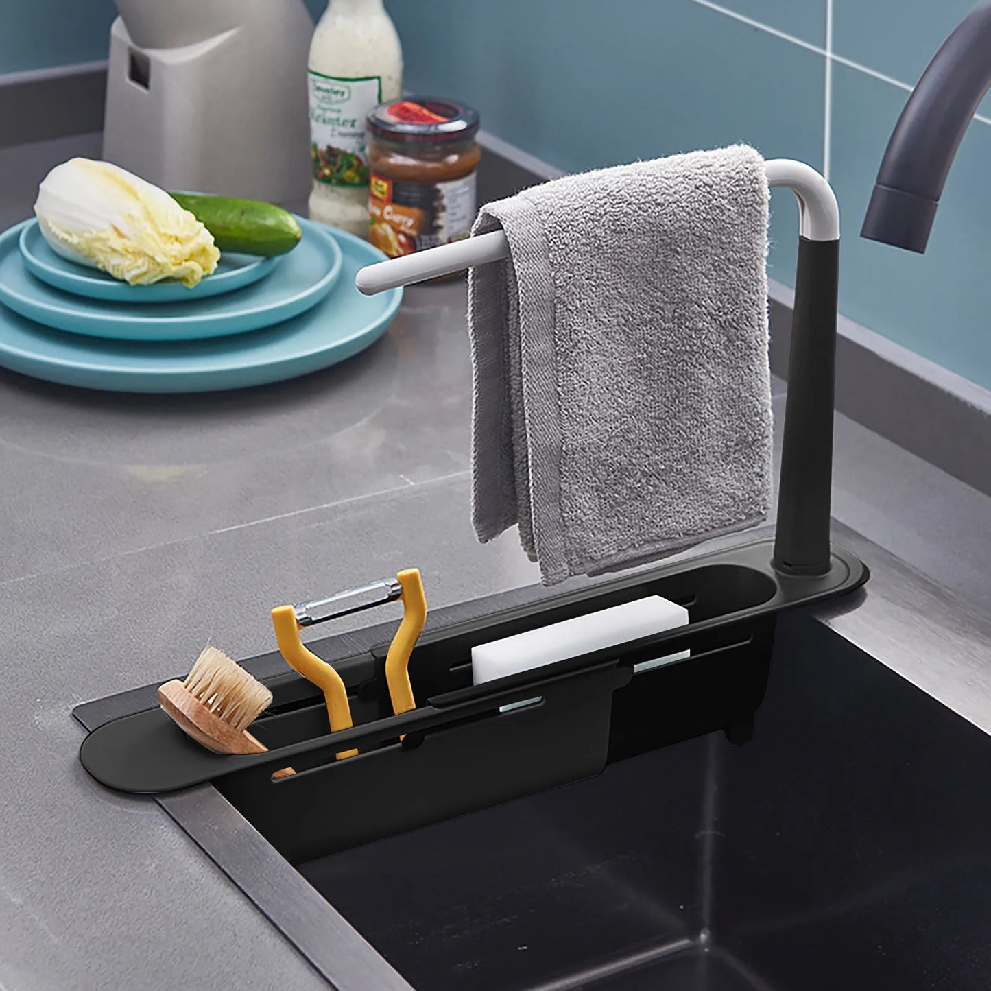 elescopic Sink Shelf Drainer Rack Kitchen Organizer Soap Sponge Holder Towel Rack Storage Organizer Basket Gadgets Accessories Peaceful Pleasures Health and Wellness