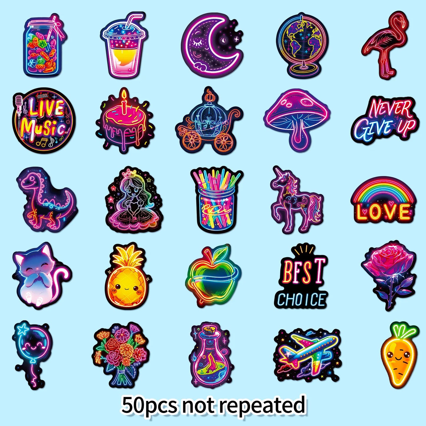 50-Pack Waterproof Sticker Sheets Vibrant Neon Glow Designs Luggage