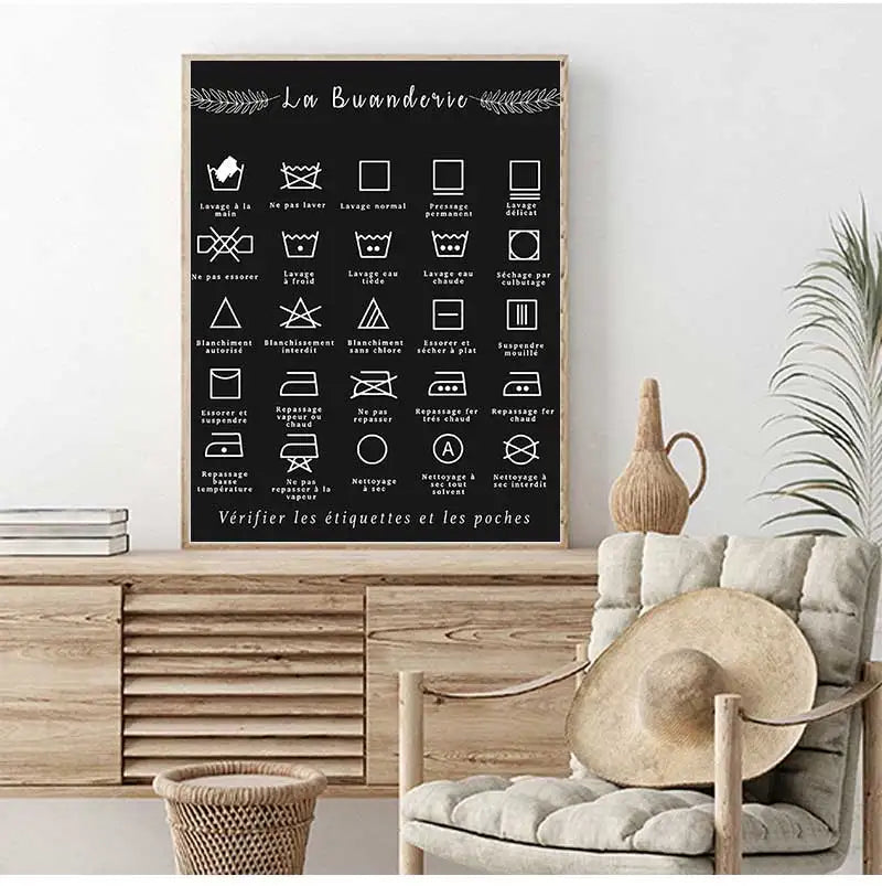 Art Picture Canvas Painting Laundry Room Decor French Symbol Sign Prints Black and White Affiche Buanderie Wall Peaceful Pleasures Health and Wellness