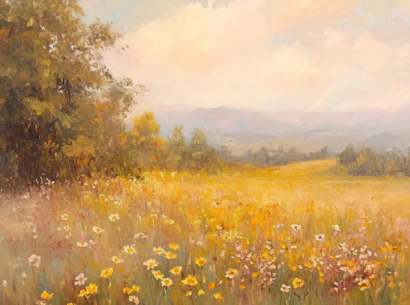 Wildflower Field Landscape Oil Poster Vintage Rustic Moody Autumn Country Scenery Canvas Painting Wall Art for Room Home Deco Peaceful Pleasures Health and Wellness