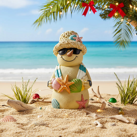 Christmas Beach Snowman Decor 18cm Ocean Theme Resin Ornament with Seashells for Holiday Tabletop Gift Display Peaceful Pleasures Health and Wellness