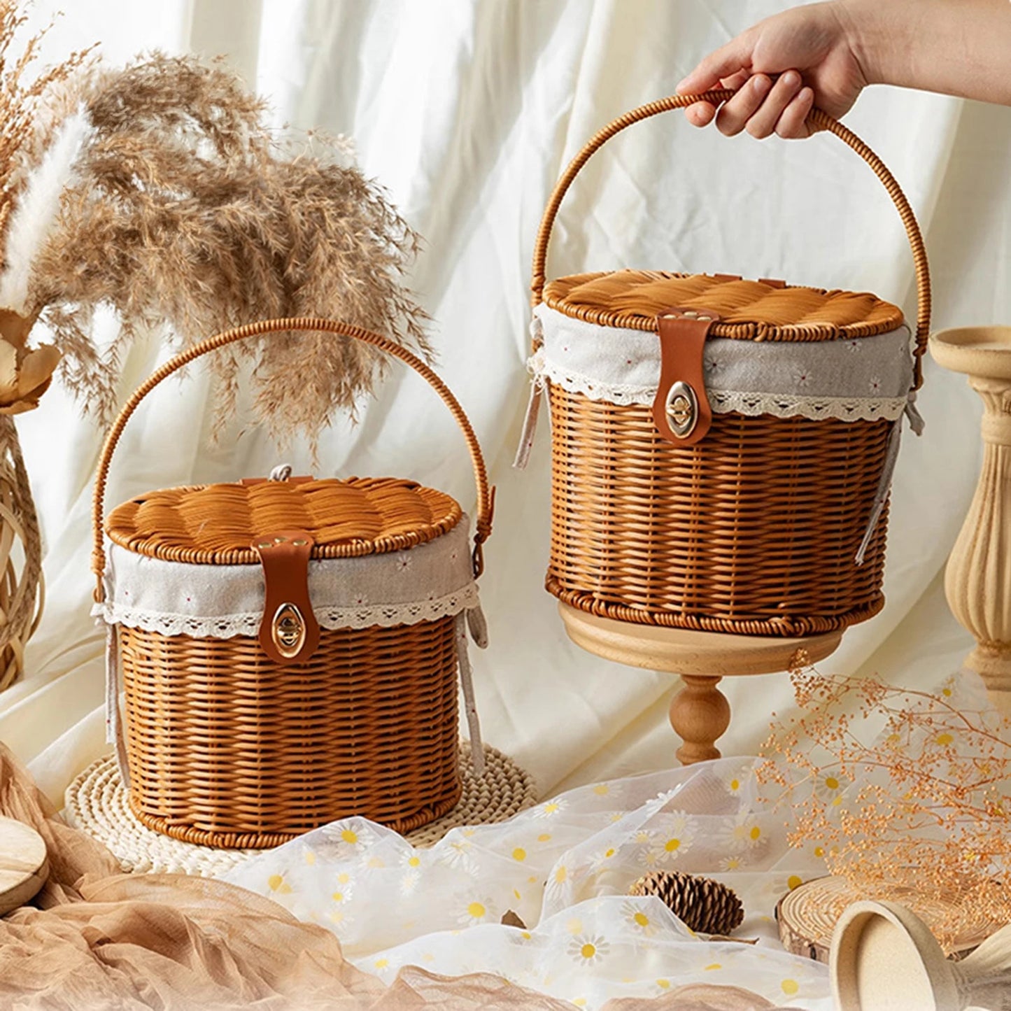 Vintage Country Style Picnic Basket with Belt Buckle Decoration for Outdoor Use Peaceful Pleasures Health and Wellness
