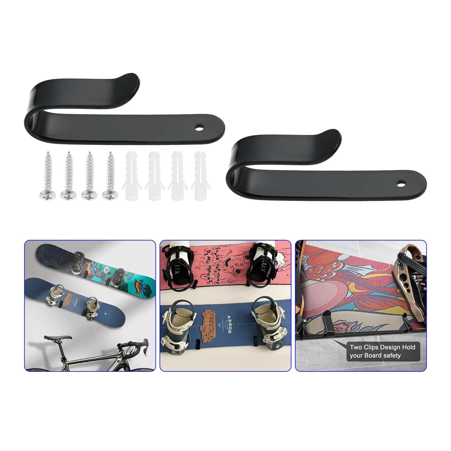 Snowboard Wall Mount Clips – Carbon Steel Set of 2 | Angled
