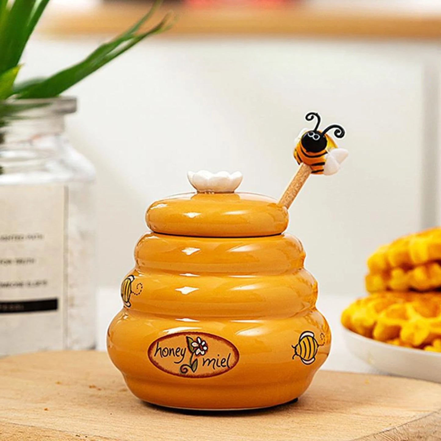 Ceramic Honey Storage Jar With Lid And Stirring Stick Reusable Kitchen Condiment Container For Honey Water Peaceful Pleasures Health and Wellness