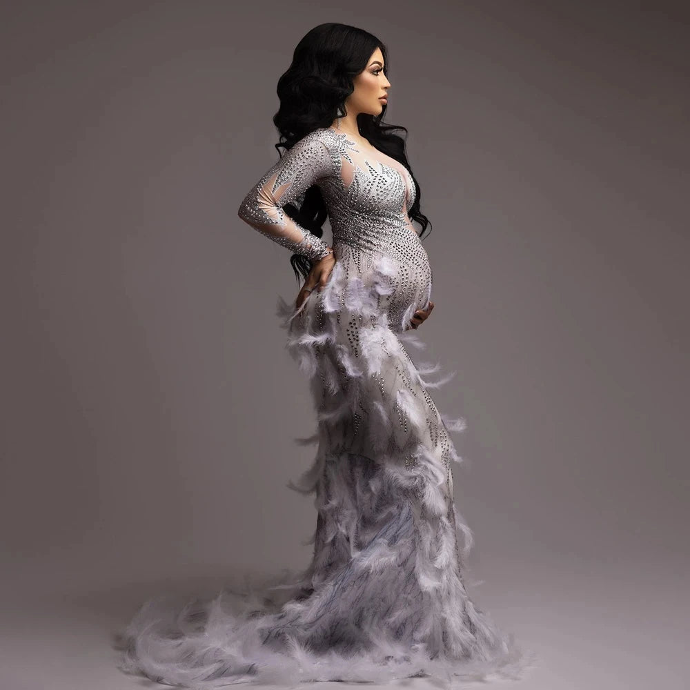 Rhinestone Feather Maternity Photography Dress | Elastic Gauze Maternity Photo Dress Peaceful Pleasures Health and Wellness