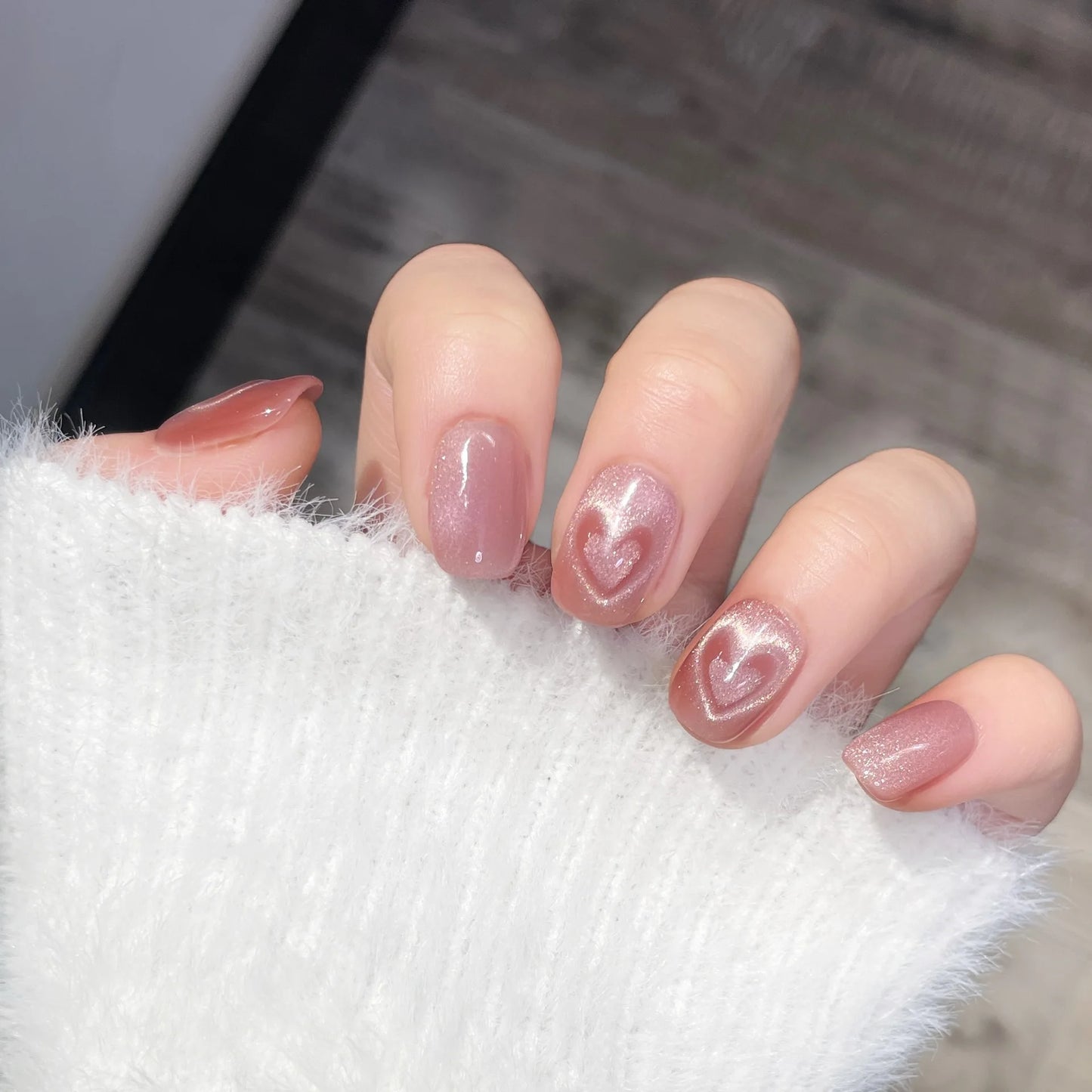 Handmade Press on Nails Sweet Pink Heart Cat Eye False Nails Full Cover Wearable Ins Simple Korean Cute Short Fake Nail Tips Peaceful Pleasures Health and Wellness