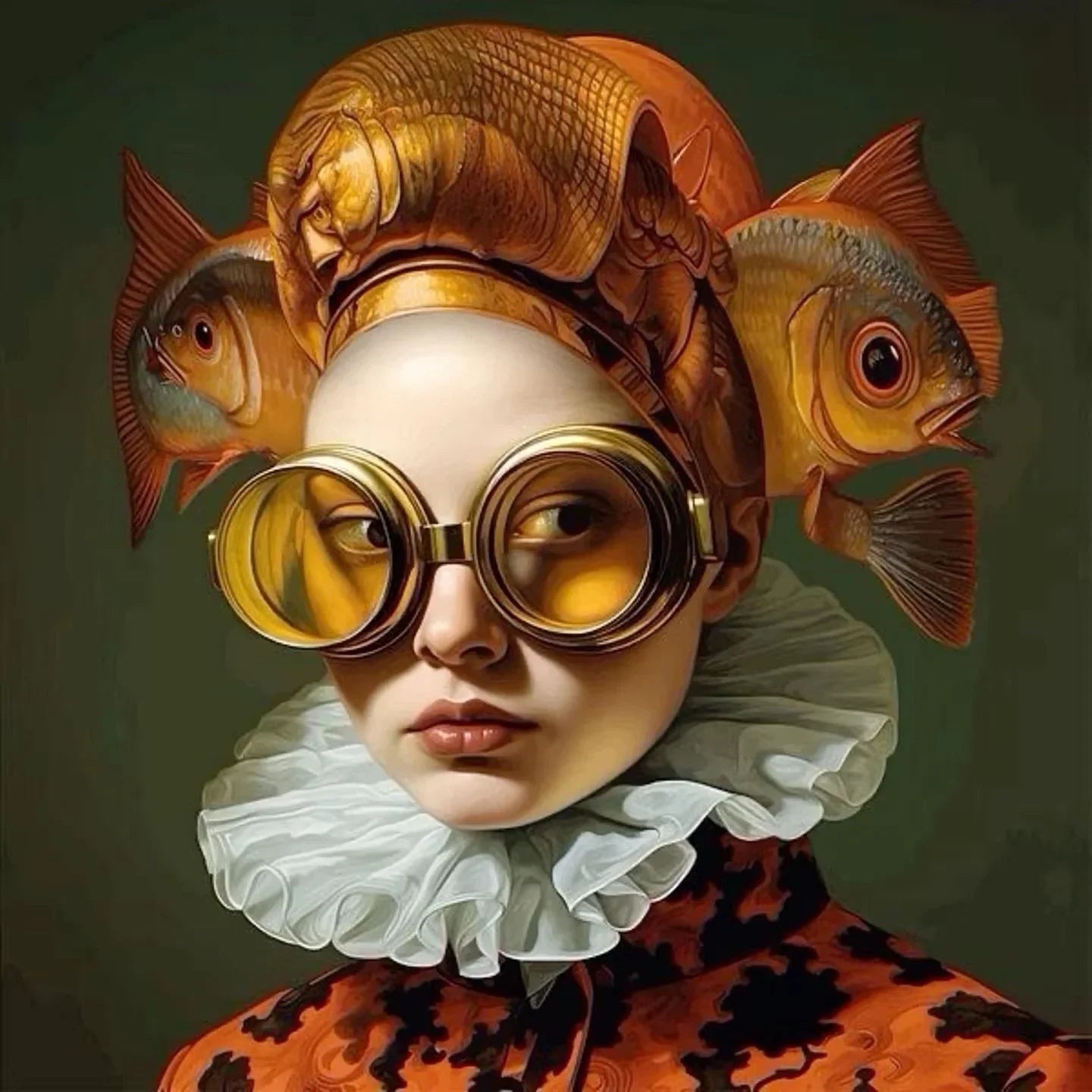 Surrealism Woman & Fish Canvas Wall Art | Fantasy Portrait Print
