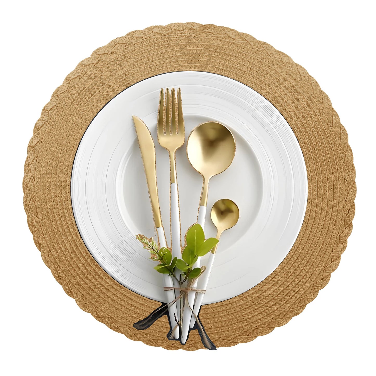 6Pc Round Braided Table Mat with 6Pc Cup Coasters Heat Resistant Washable Non Slip Placemats for Kitchen Dining Tables Pads Peaceful Pleasures Health and Wellness B Gold 33.5CM and 10CM