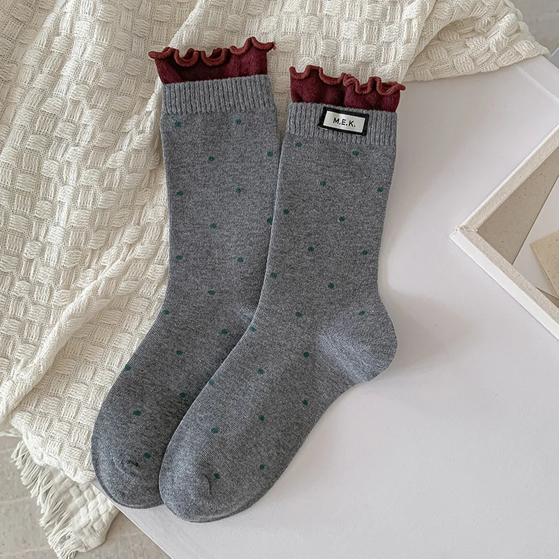 Socks For Women New Dots Cute Frilly Casual Fashion Long Socks Breathable Preppy Style Ladies Novelties Socks Cotton Soft Comfy Peaceful Pleasures Health and Wellness Gray One Size