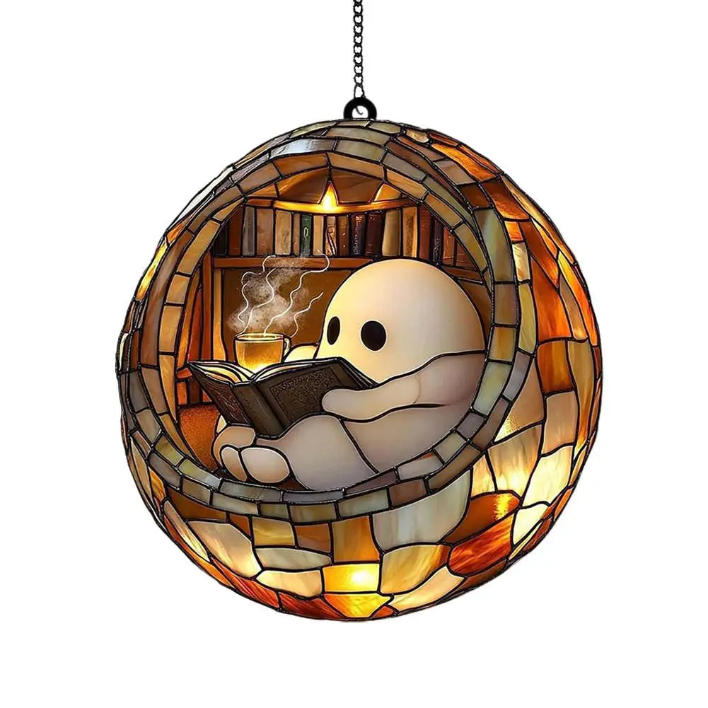 Halloween Ghost Reading Book Acrylic Suncatcher Window Hanging