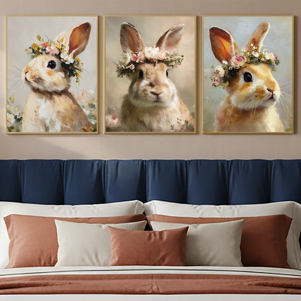 Vintage Floral Rabbit Canvas Wall Art | Bunny Flower Crown Print Canvas Wall Art Peaceful Pleasures Health and Wellness