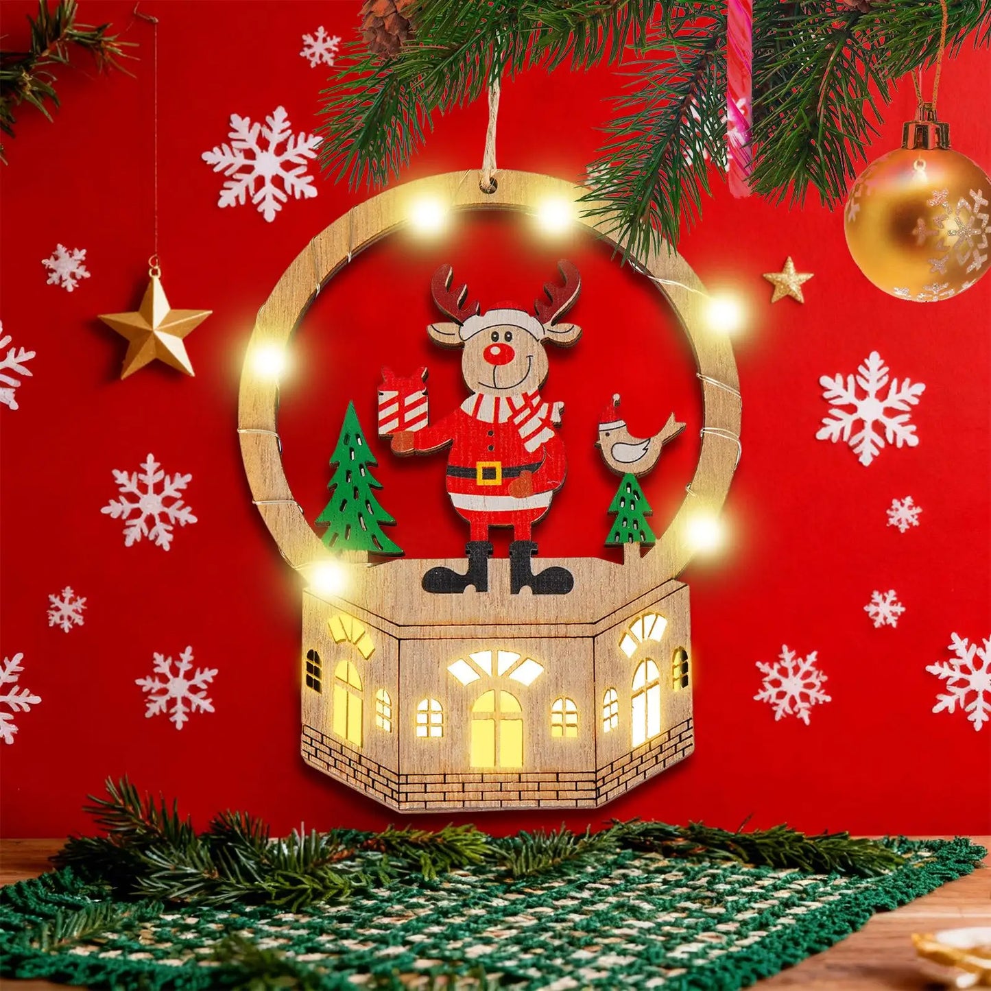 LED Light-Up Wooden Christmas Ornament | Holiday Tabletop Decor
