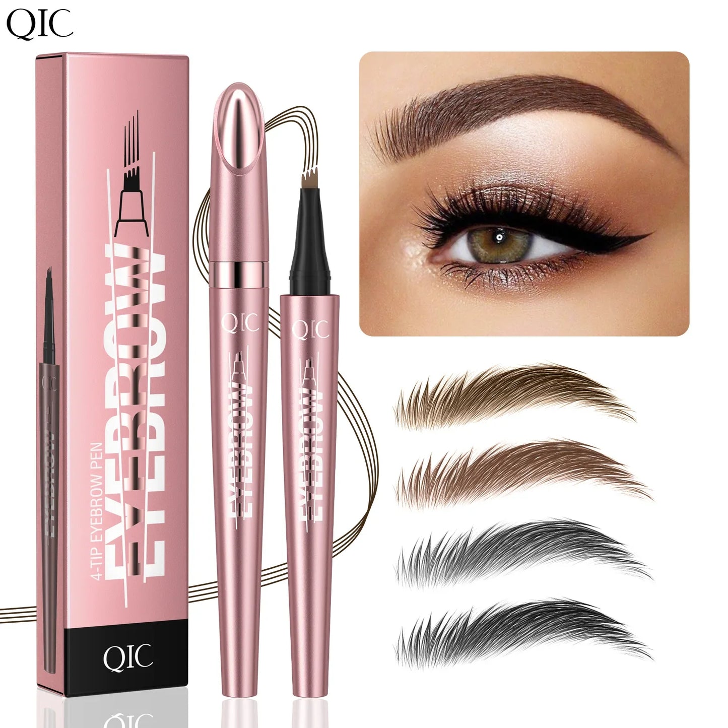 QIC 4-Tip Waterproof Eyebrow Pen – 6 Colors | Natural Look