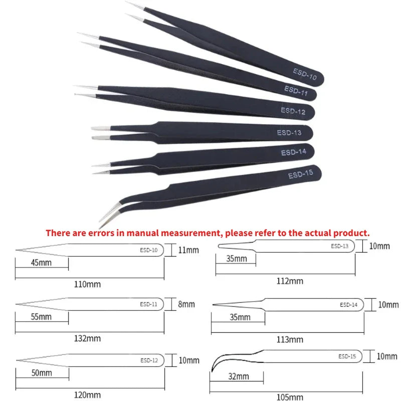 6-Piece ESD Anti-Static Precision Tweezers – Stainless Steel Set