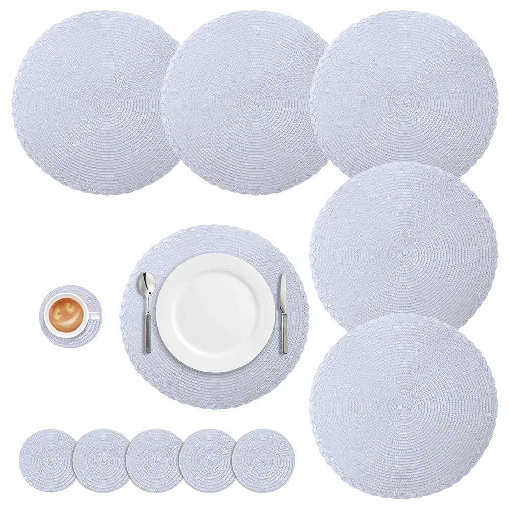 Round Braided Set of 6 Washable Round Placemats for Christmas Kitchen Wedding Dining Table 34cm Woven Heat Resistant Place Mats Peaceful Pleasures Health and Wellness Silver grey 1 set Round