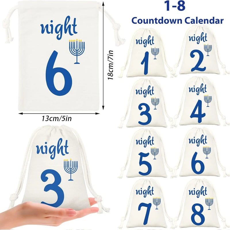 8-Piece Hanukkah Countdown Gift Bags | Candlestick Design Pouches Holiday Gift Bags Peaceful Pleasures Health and Wellness