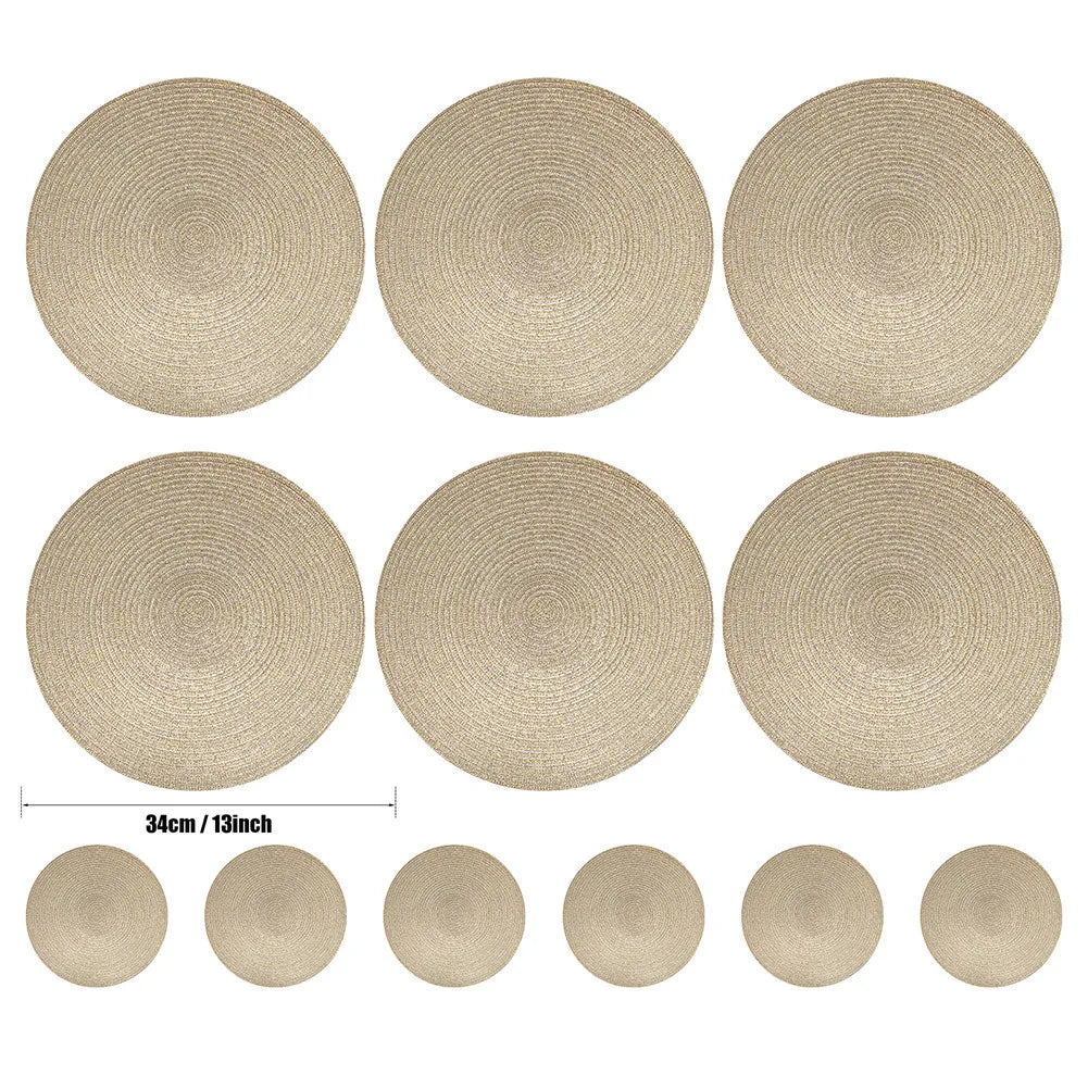 Set of 6 Round Braided Table Mat Washable Placemats Non Slip Heat Resistant for Kitchen Dining Tables Pad With 6Pc Cup Coasters Peaceful Pleasures Health and Wellness PET 33.5cm Gold 12 Mats 12 Coaster