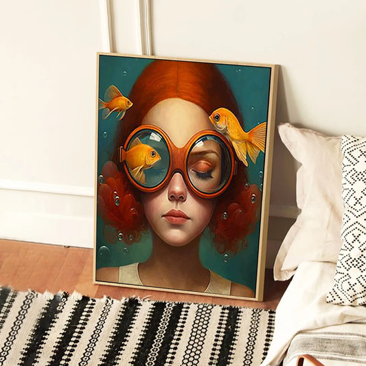 Cartoon Childlike Girl Wearing Glasses in Water Illustration Wall Art Canvas Painting Poster for Living Room Home Decor Trends Peaceful Pleasures Health and Wellness
