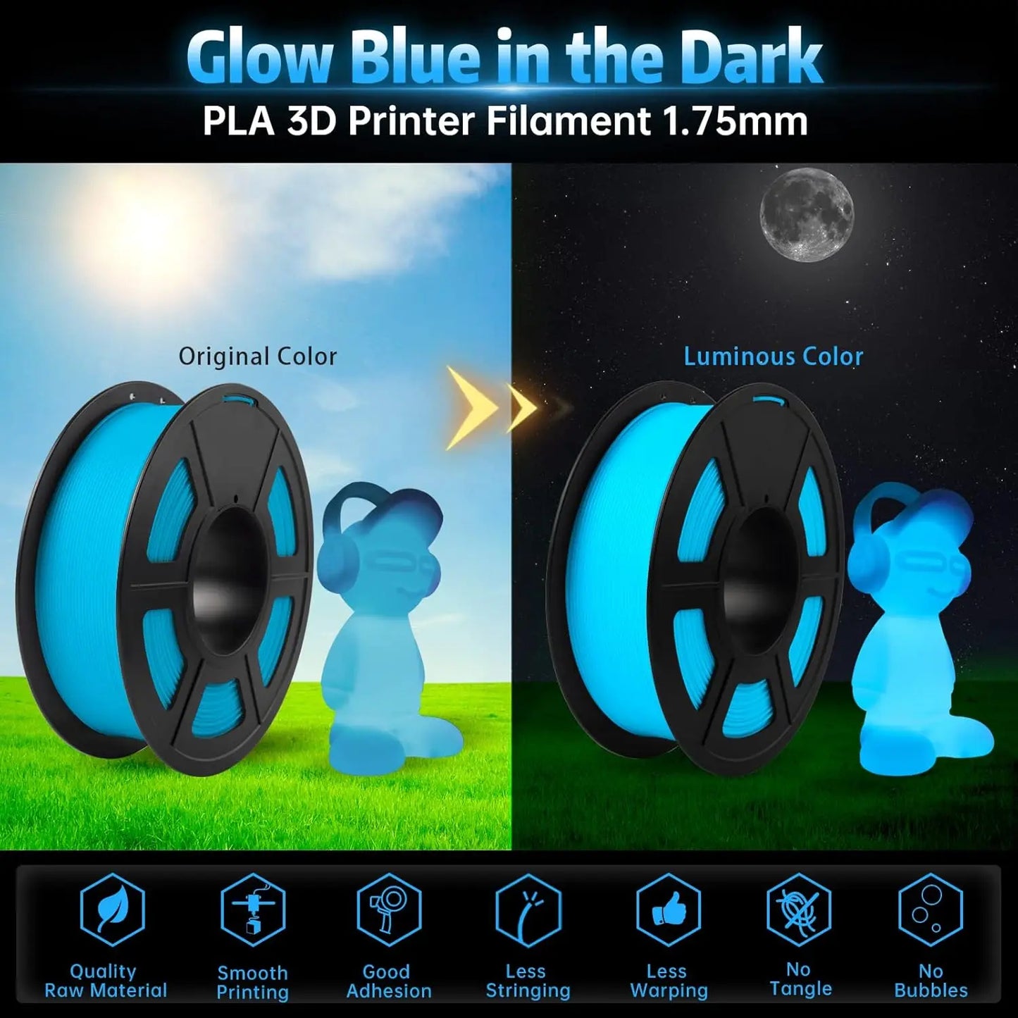 DINGSUN 3D Glow in Dark PLA Filament 1.75mm ±0.02mm Precision