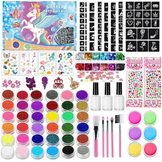 36-Color Kids Glitter Temporary Tattoo Kit – Face & Body Art Glitter Tattoo Kit Oasis Select