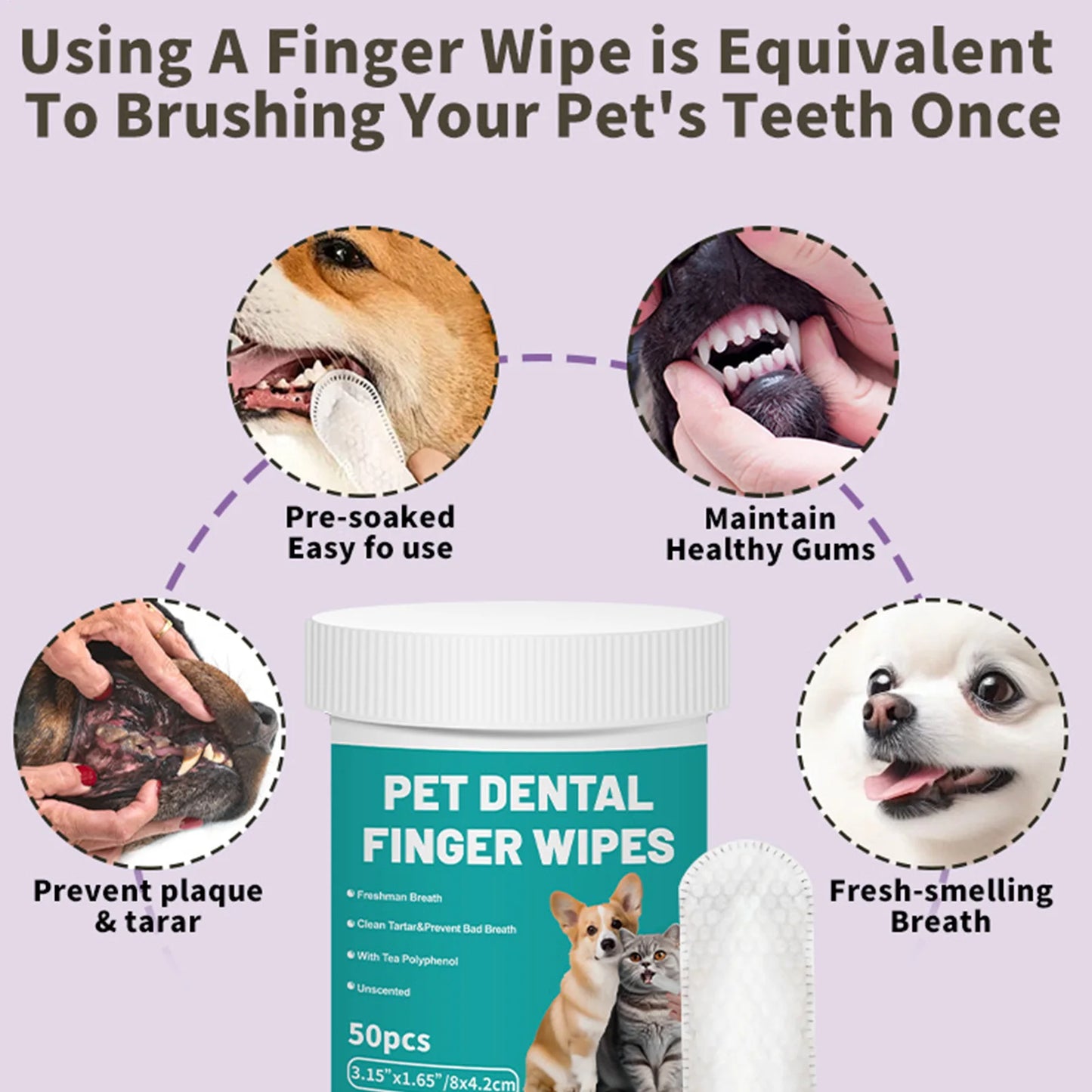 Pet Teeth Cleaning Finger Wipes for Dogs & Cats – 50 Pack
