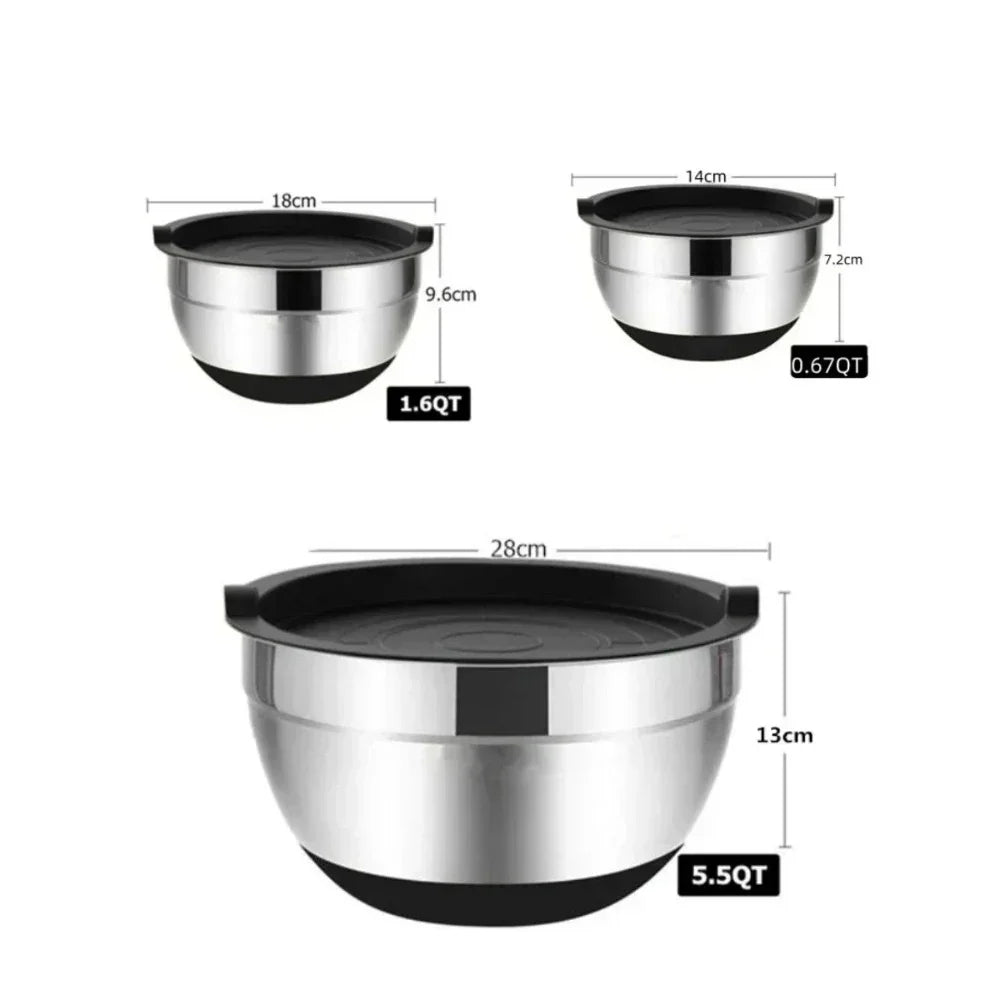 Stainless Steel Mixing Bowls with Lid & Non-Slip Silicone Base