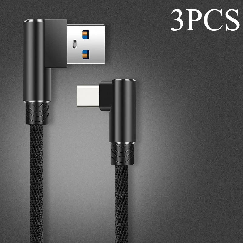 90° Elbow USB-C Fast Charging Cable 40W Nylon Braided Gaming Peaceful Pleasures Health and Wellness 3pcs Black 0.25m