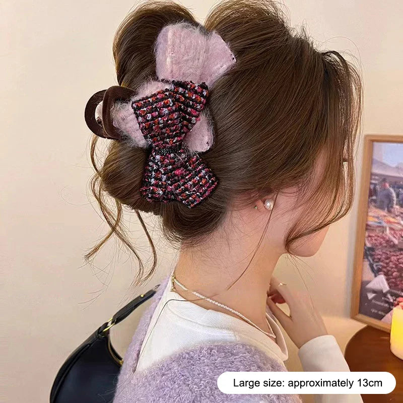 Retro Double Bow Color-Block Large Shark Hair Clip for Women
