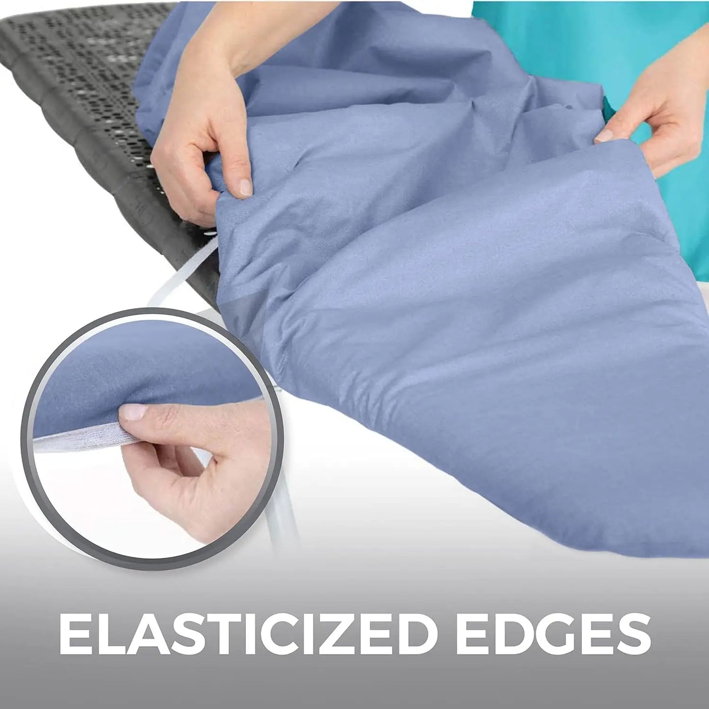 Person holding a blue fabric with elasticized edges, showing close-up of the edge.