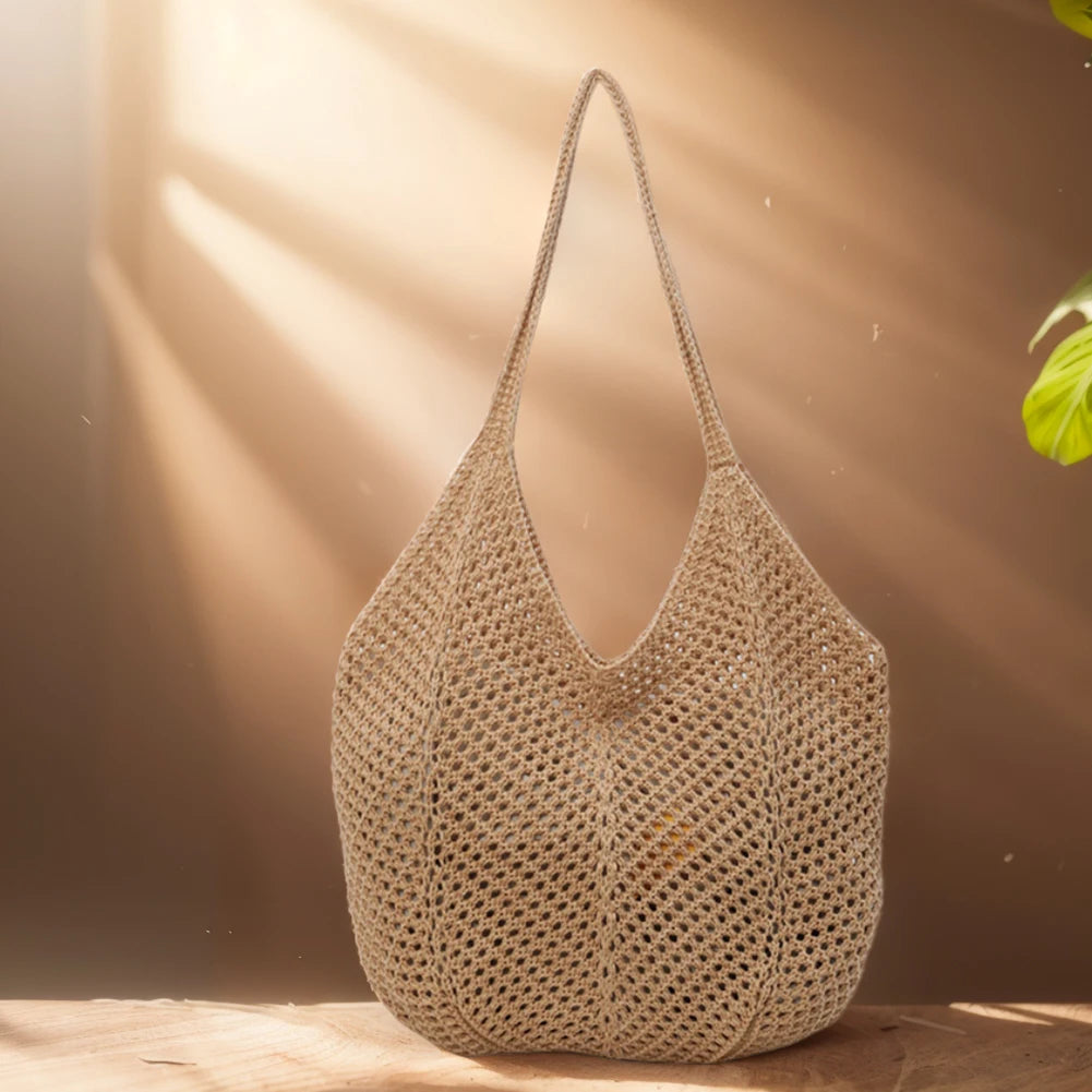 Knitted Hobo Shoulder Bag | Hollow-Out Tote for Women Peaceful Pleasures Health and Wellness Brown spain