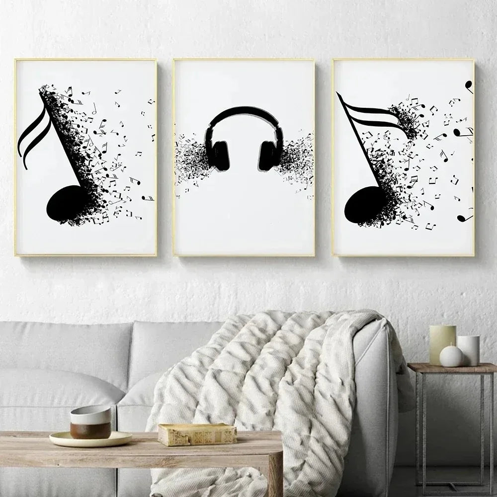 Abstract Wall Art Nordic Musical Note Headphones Canvas Painting Modern Poster Black.White Lines for Living Room Home Decoration Peaceful Pleasures Health and Wellness