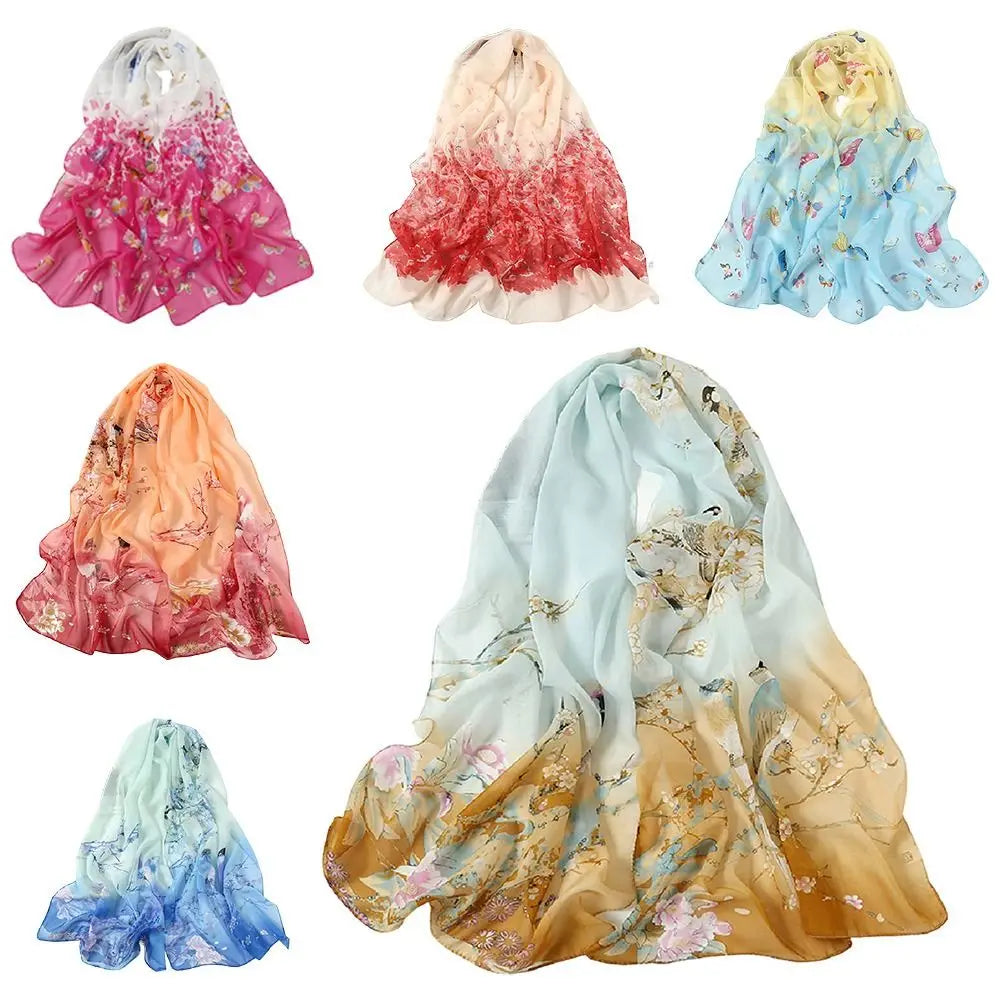 Women's Chiffon Floral Scarf – Gradient Long Wrap Shawl 160×50cm