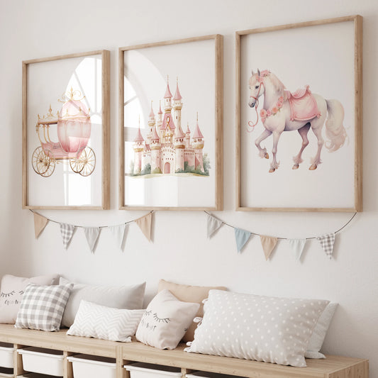 3-Piece Dreamy Castle & Carriage Canvas Wall Art | Kids Room Canvas Wall Art Set Peaceful Pleasures Health and Wellness GP048-3pcs 30x40cm Unframed