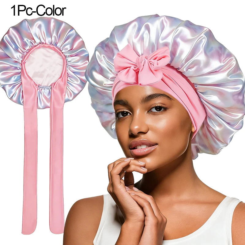 Satin Sleep Bonnet for Women – Cherry Print Lace-Up Hair Cap