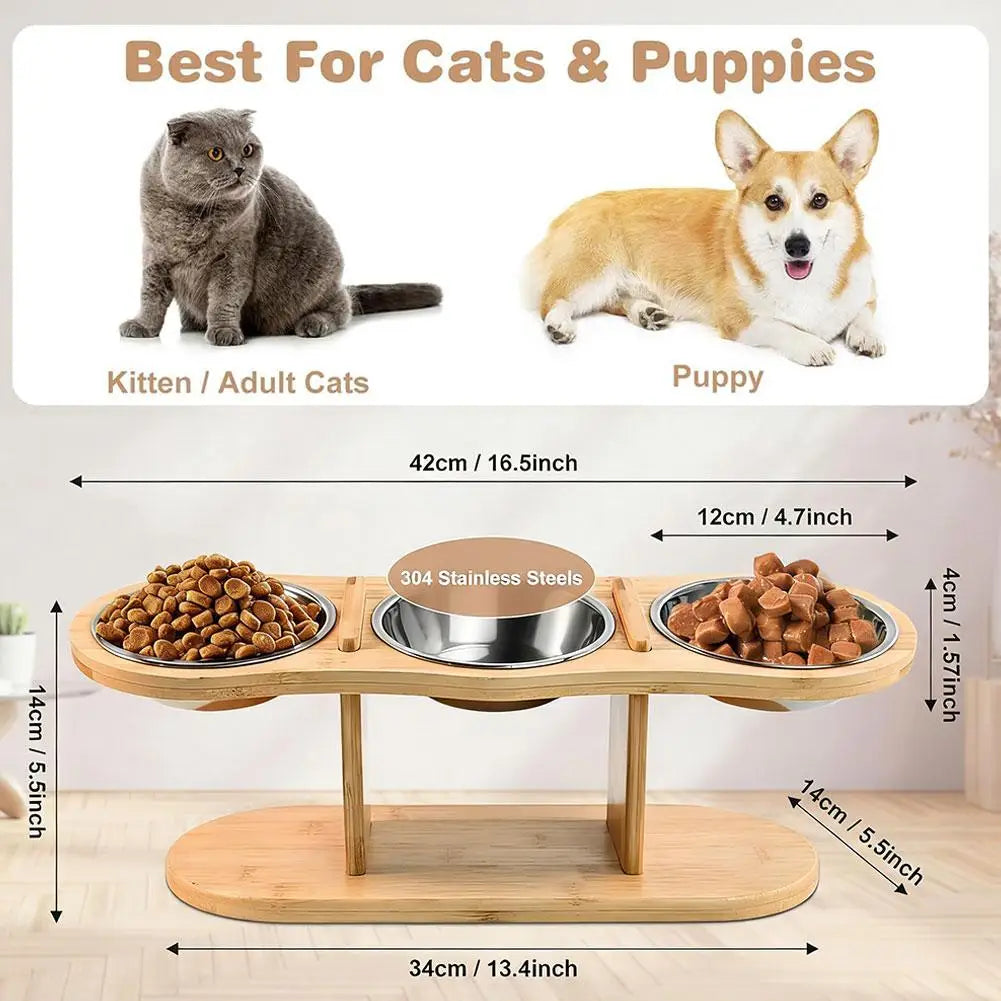 Elevated Wood Pet Feeder with 3 Stainless Steel Bowls | Cat & Dog
