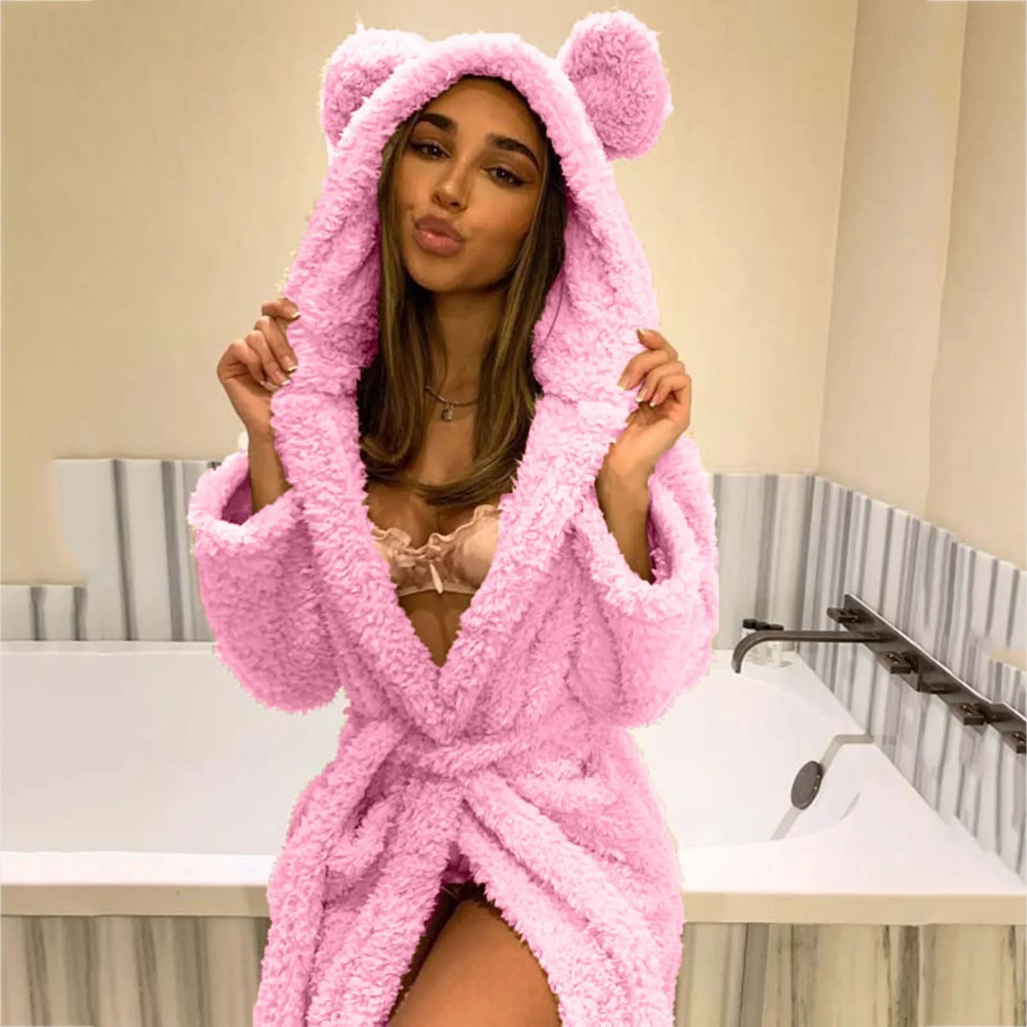 Women's Fluffy Hooded Bathrobe | Plush Winter Dressing Gown